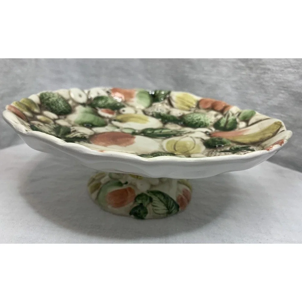 Lefton's Pedestal Dessert Plate Majolica Style Raised Fruit Design 8.5
